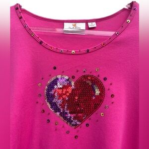 Quaker Factory Top Women 1X Sequins Hearts Pink 100% Cotton 3/4 Sleeves Love